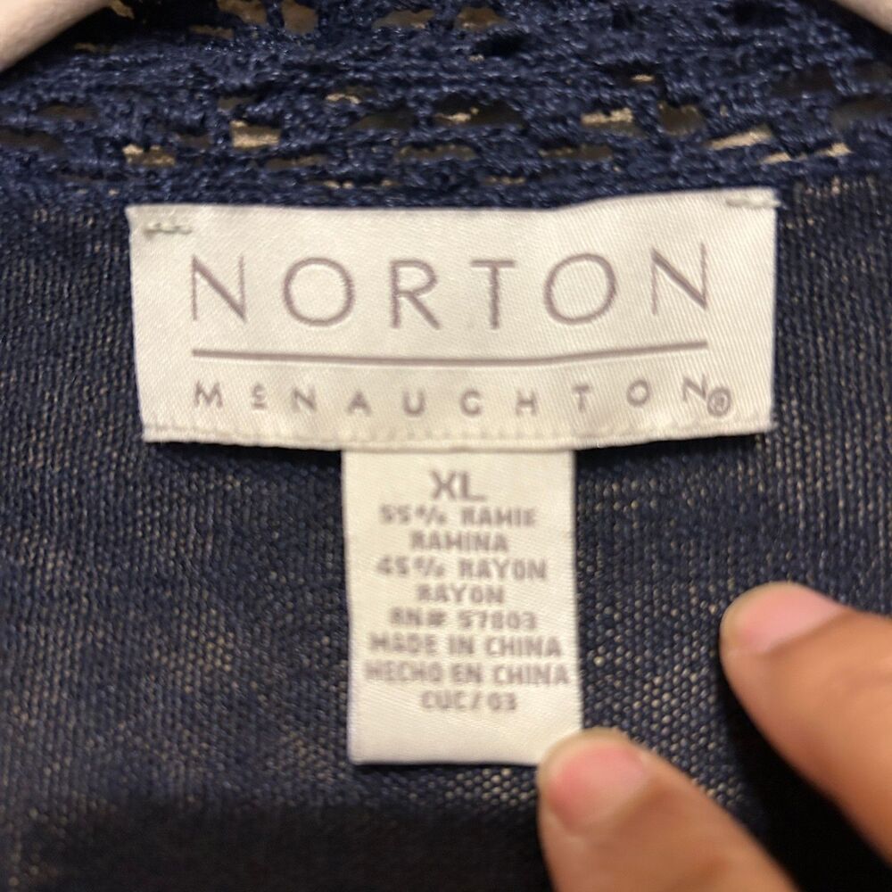 VTG Norton McNaughton Open Front Cardigan Sweater XL Navy Blue Crochet Coastal - Picture 5 of 5